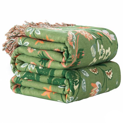 Wotcsil Tagesdecke Boho Hellgrün 200x230cm Baumwolle - Kuscheldecke Sofadecke Bettüberwurf mit Blumenmuster, Leichter Sofaüberwurf mit Quasten für Bett Couch von Wotcsil