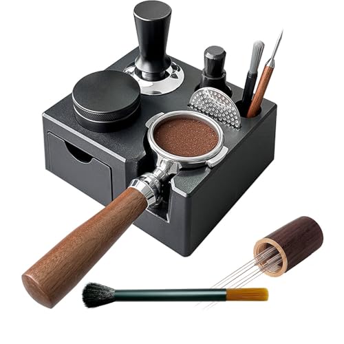 Wotendy Tamperstation für Barista 51-58mm mit Schublade, Espresso-Station, Kaffee-Tamper-Halter-Basis mit 6 Nadeln Espresso-Kaffeerührer und Bürste, Kaffee-Tamper-Station-Basis (Schwarz) von Wotendy