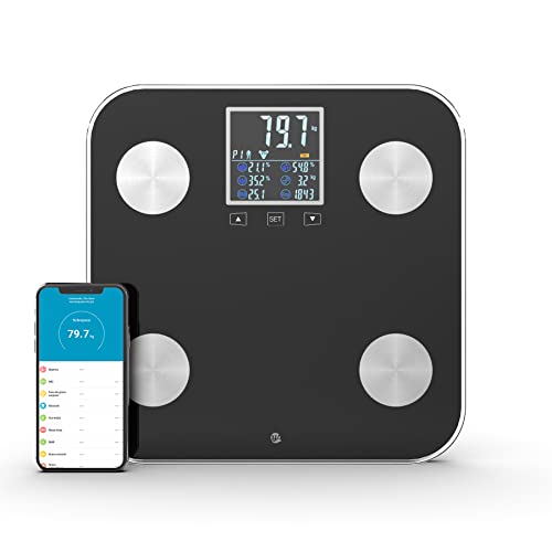 WottoCare - Professionelle Körperfettwaage | Körperanalysewaage mit App | 18 Messungen: Gewicht, Körperfett, Muskeln | BMI Digitalanzeige | Multi-User Fähig | Fortschrittskontrolle | Schwarz von WottoCare