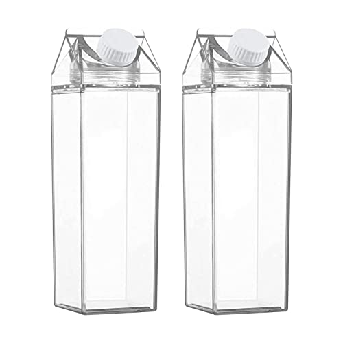 Transparenter Milchkarton, 500 ml/1000 ml Milchkarton-Wasserflaschen mit auslaufsicheren Kappen, 2 tragbare Wasserflaschen mit transparentem Körper, quadratischer Behälter für Milchsaft, Wasser von WouND