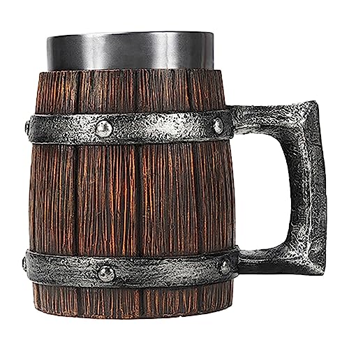Whisky-Fassbecher, 600 ml Wikinger Bierkrug, Holz-Bierbecher mit doppelter Isolierung, Wikinger-Kaffeetasse aus Edelstahl, antikes Fass für Männer zur Dekoration von WouND