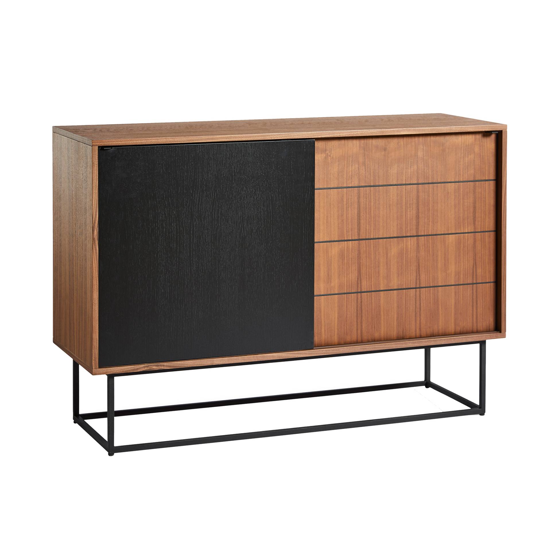 Woud - Virka High Sideboard - nussbaum, schwarz/2 Schiebetüren/LxBxH 120x40x82cm/Gestell Metall schwarz von Woud