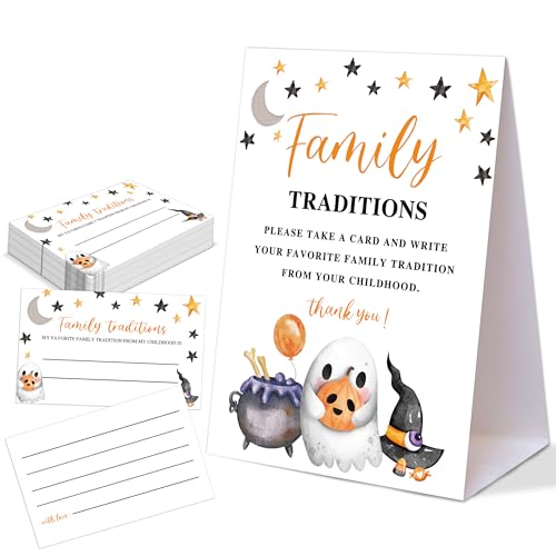 Halloween-Babyparty-Hochzeitsspiele, Teilen Sie Ihre Familientraditionen, 1 Stück Schild und 50 Karten, Halloween Little Boo Gruselige Babyparty-Dekorationen für Gender Reveal Party Aktivitäten Halloween-Babyparty-Hochzeitsspiele, Teilen Sie Ihre Familientraditionen, 1 Stück Schild und 50 Karten, Halloween Little Boo Gruselige Babyparty-Dekorationen für Gender Reveal Party Aktivitäten von Woukaup