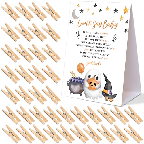 Halloween Don't Say Baby Shower Spiel, 1 Stück Schild und 50 Stück Mini Holz Wäscheklammern, Halloween Little Boo Gruselige Partyspiele Schild für Gender Reveal Aktivitäten Halloween Don't Say Baby Shower Spiel, 1 Stück Schild und 50 Stück Mini Holz Wäscheklammern, Halloween Little Boo Gruselige Partyspiele Schild für Gender Reveal Aktivitäten von Woukaup