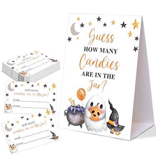 Halloween How Many Candies Are In The Jar Babyparty-Spiele, 1 Stück Schild und 50 Karten, Halloween Little Boo Gruselige Babyparty-Dekorationen für Gender Reveal Geburtstagsfeier Aktivitäten Halloween How Many Candies Are In The Jar Babyparty-Spiele, 1 Stück Schild und 50 Karten, Halloween Little Boo Gruselige Babyparty-Dekorationen für Gender Reveal Geburtstagsfeier Aktivitäten von Woukaup