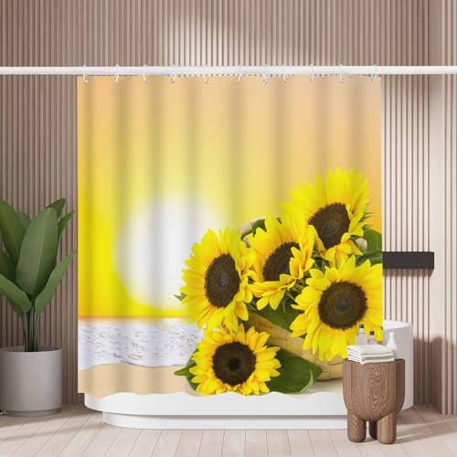 Woutay Duschvorhang, schimmelresistent, Sonnenblume am Strand, wasserabweisender Stoff, Polyester, Größe 180 x 180 cm von Woutay
