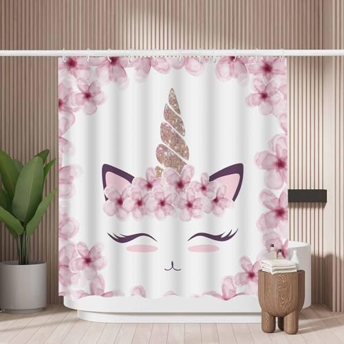 Woutay Duschvorhang, schimmelresistent, rosa Einhorn und Blumen, wasserabweisender Stoff, Polyester, mit 12 Kunststoffhaken von Woutay