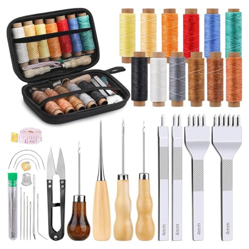 Wouueso 56-Teiliges Leder-Nähbeutel-Set, mit 4-mm-Zinken, Nählochstanzer, Gewachstem Faden, Arbeitswerkzeug für Anfänger Beim Heimwerkerhandwerk Wouueso 56-Teiliges Leder-Nähbeutel-Set, mit 4-mm-Zinken, Nählochstanzer, Gewachstem Faden, Arbeitswerkzeug für Anfänger Beim Heimwerkerhandwerk von Wouueso