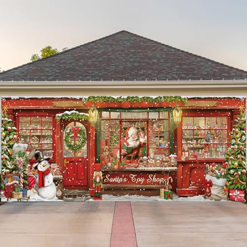 WovWeave Weihnachts-Garagentor-Banner Santa's Toy Shop Garage Outdoor Wandabdeckung Dekorationen Xmas Garagentor Hängende Hintergrund Banner für Neujahr Wandbild Winter Urlaub Party Hintergrund von WovWeave