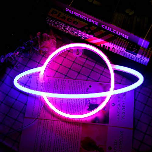 YUNYODA Planet Neon Signs - Neon Sign Lights mit Sockel LED Tischlampen Lights Blue Pink Nachtlicht - Batterie oder USB für Kinderzimmer Dekoration Geburtstagsfeier Hochzeit betrieben von YUNYODA
