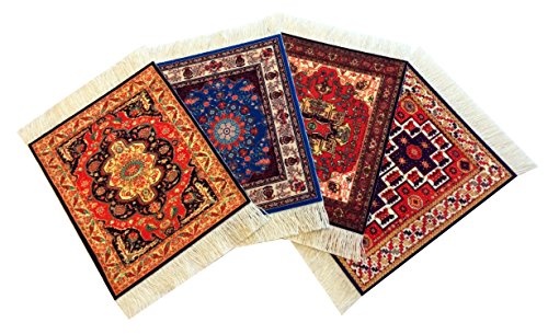 4er Set Teppich Tischuntersetzer - Orientalisches Design Stoff Teppich Getränkematten Saugfähige Küchen- und Esszimmerzubehör, Auslauf- & Tropfschutz, Rechteckig, Rot Blau von Wovenrugs
