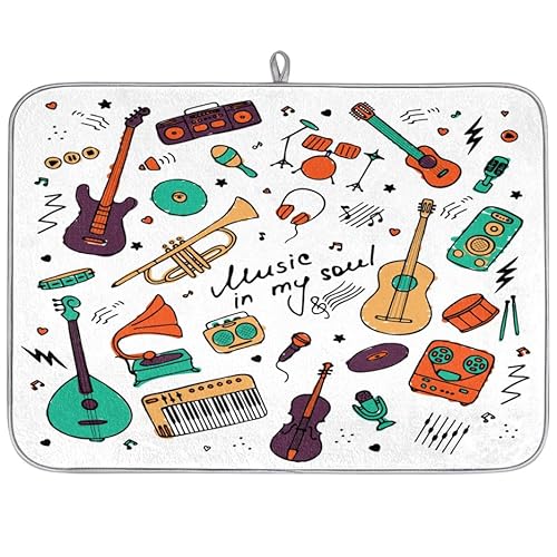 Abtropfmatte aus Mikrofaser, mit Musikinstrumenten, saugfähiges Abtropfgestell für Küche, Löffel, Glasplatte, 45,7 x 60,9 cm von WowPrint