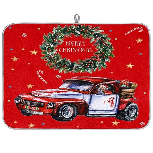Christmas Wreath Red Truck Microfiber Dish Drying Mat Christmas Cars Absorbent Dish Drying Drainers Mats for Kitchen Spoon Glass Plate 45,7 x 60,9 cm von WowPrint