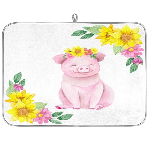 Cute Farm Pig Mikrofaser-Abtropfmatte Blume Schwein saugfähiges Abtropfgestell für Küche, Löffel, Glasteller, 40,6 x 45,7 cm von WowPrint