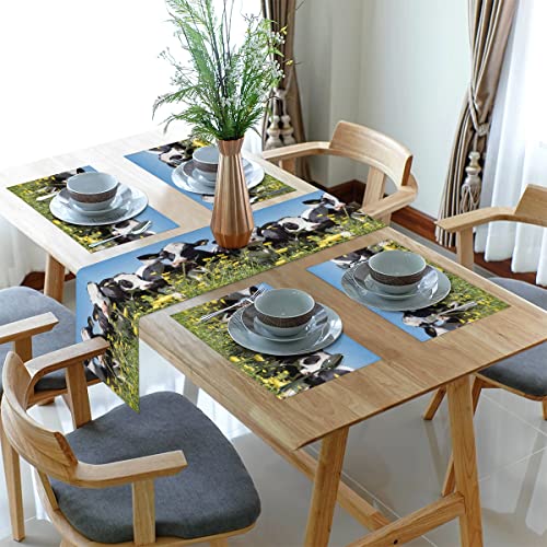 Frühlingsblume Kuh Tischsets und Tischläufer 30 x 183 cm lustige Kuh rutschfeste Leinen Tischsets 4er Set für Küche Esstisch Urlaub Abendessen Hochzeit Party von WowPrint