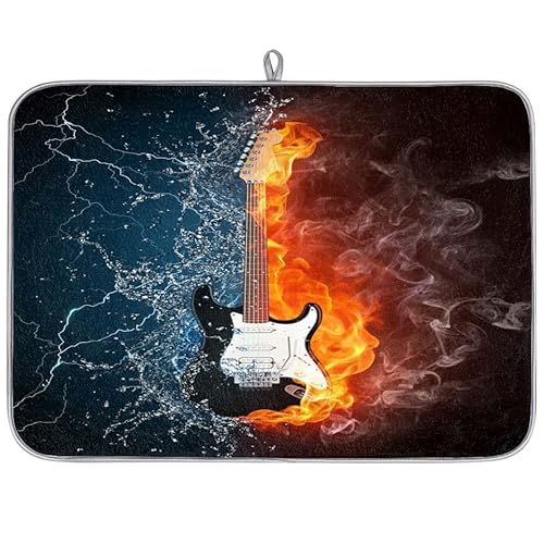 Gitarren Wasser Feuer Mikrofaser Geschirr Abtropfmatte Gitarren Musik saugfähig Geschirr Trocknen Abtropfmatten für Küche Löffel Glasplatte 40,6 x 45,7 cm von WowPrint