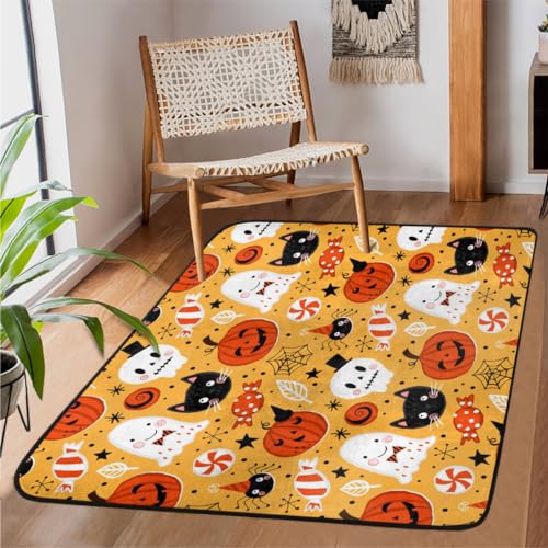 Halloween-Teppich für Wohnzimmer, Motiv: Happy Holiday, 122 x 160 cm, für Schlafzimmer, Kinderzimmer, maschinenwaschbar, rutschfeste Bodenmatte, großer Teppich von WowPrint