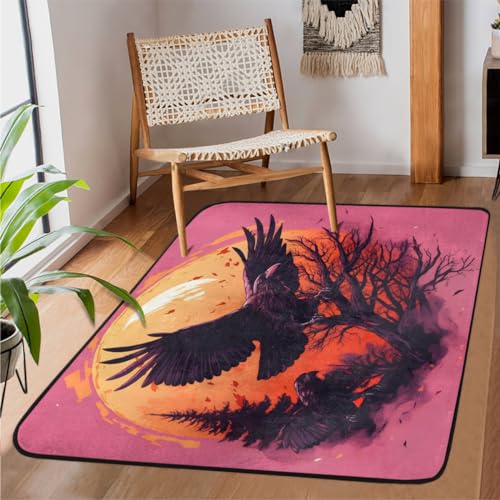 Halloween-Waldkrähen-Vogel-Teppiche für Wohnzimmer, 122 x 160 cm, für Schlafzimmer, Kinderzimmer, maschinenwaschbar, rutschfeste Bodenmatte, großer Teppich von WowPrint