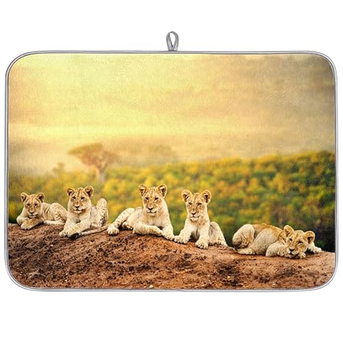 Mikrofaser-Abtropfmatte, Motiv: Löwenjunges, saugfähiges Abtropfgestell für Küche, Löffel, Glasteller, 40,6 x 45,7 cm von WowPrint