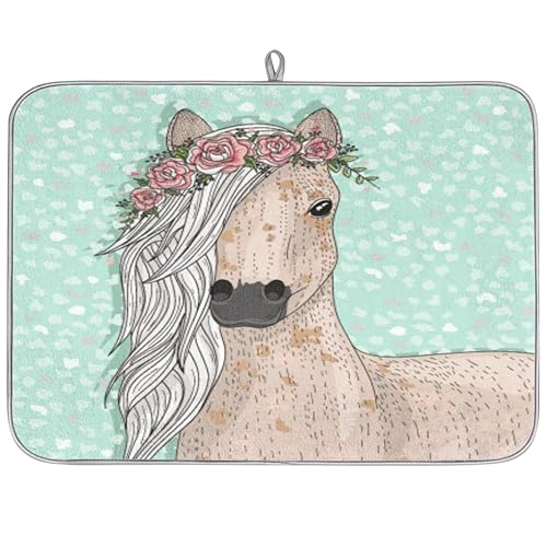Mikrofaser-Abtropfmatte mit niedlichem Pferd mit Blume, saugfähig, Abtropfmatten für Küche, Löffel, Glasplatte, 45,7 x 60,9 cm Mikrofaser-Abtropfmatte mit niedlichem Pferd mit Blume, saugfähig, Abtropfmatten für Küche, Löffel, Glasplatte, 45,7 x 60,9 cm von WowPrint