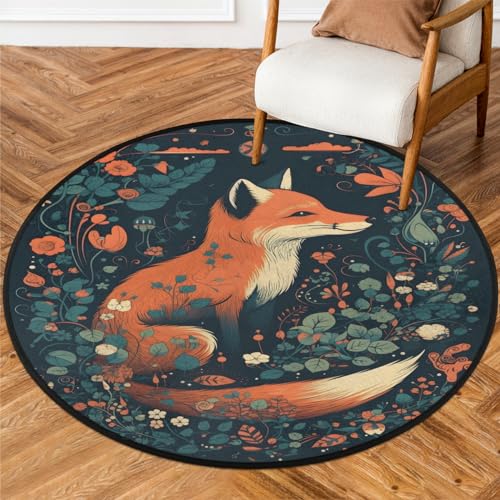 Runde Teppiche Wohnzimmer Blume Tier Fuchs Bereich Teppich Waschbar rutschfeste Bodenmatte Großer Teppich für Schlafzimmer 92 cm von WowPrint