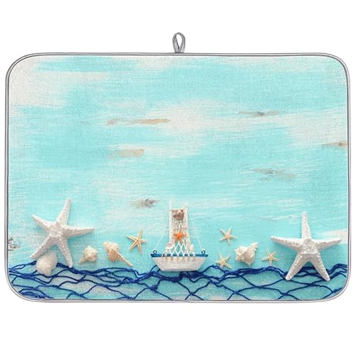 Seestern Muscheln Fischnetz Boot Mikrofaser Abtropfmatte saugfähig Geschirr Trocknen Abtropfmatten für Küche Löffel Glas Teller 45,7 x 60,9 cm von WowPrint