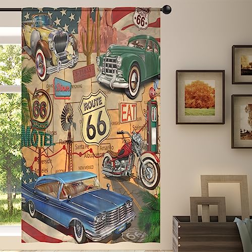 Vintage Poster Repair Route 66 Sheer Vorhang Vintage Garage Sheer Fenster Voile Vorhänge für Wohnzimmer Schlafzimmer Zimmer Küche Esszimmer Dekor 139 x 198 cm von WowPrint