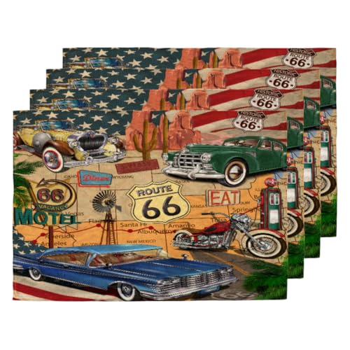 Vintage USA Poster Tischsets für Küche Esstisch Vintage Garage Tischsets Set von 6 Anti-Rutsch Hitzebeständig Waschbar Leinen Tisch Tischsets von WowPrint
