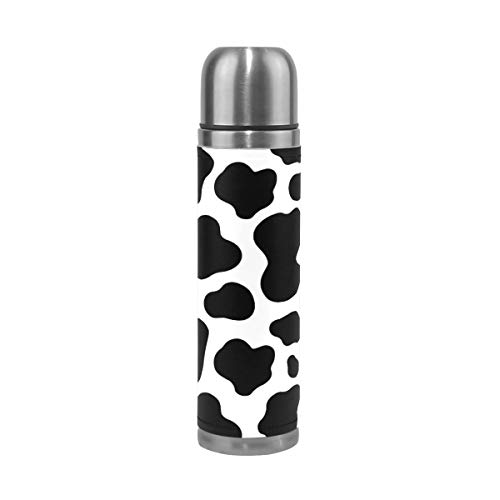 WowPrint Niedliches Tier Kuh Druck Design Reisebecher Echtleder isolierte Travel Mug Edelstahl-Wasserflasche Auslaufsicher Doppelwandig Thermoskanne Vakuumflasche 500 ml von WowPrint