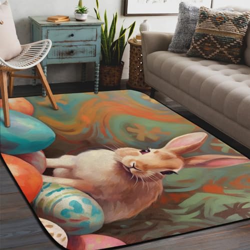 WowPrint Osterthema Kaninchen Eier Bereich Teppiche Wohnzimmer 122 x 183 cm, Bereich Teppich für Schlafzimmer Kinderzimmer Waschbar rutschfeste Bodenmatte Großer Teppich von WowPrint