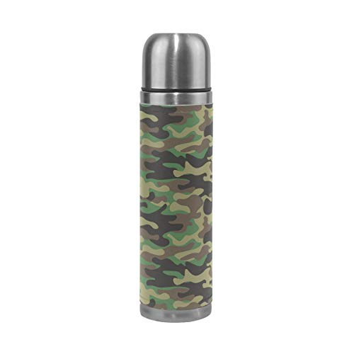 WowPrint Reisebecher, Camouflage, isolierte Edelstahl-Wasserflasche, auslaufsicher, doppelwandig, Thermoskanne aus echtem Leder, 500 ml von WowPrint