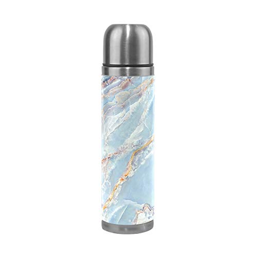 WowPrint Reisebecher, Marmor-Muster, isolierte Edelstahl-Wasserflasche, auslaufsicher, doppelwandig, Thermoskanne aus echtem Leder, 500 ml von WowPrint