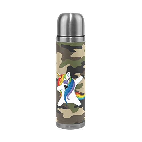 WowPrint Reisebecher, lustiges Einhorn, Camouflage, isolierte Edelstahl-Wasserflasche, auslaufsicher, doppelwandig, Thermoskanne aus echtem Leder, 500 ml von WowPrint