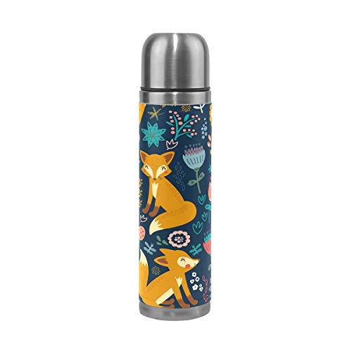 WowPrint Reisebecher, süße Fuchs-Blume, isolierte Edelstahl-Wasserflasche, auslaufsicher, doppelwandig, Thermoskanne aus echtem Leder, 500 ml von WowPrint