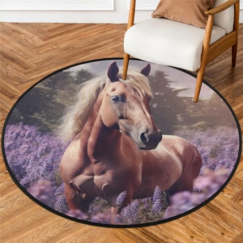 WowPrint Runde Teppiche Wohnzimmer Tier Pferd Lavendel Bereich Teppich Waschbar rutschfeste Bodenmatte Großer Teppich für Schlafzimmer 92 cm von WowPrint