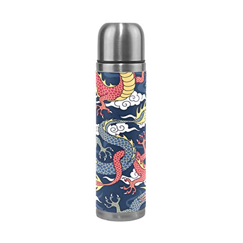 WowPrint Thermosflasche mit chinesischem Drachen, isoliert, Edelstahl, auslaufsicher, doppelwandig, Thermoskanne, Vakuumflasche, Echtleder, 500 ml von WowPrint