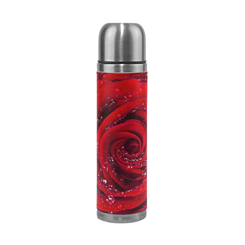 WowPrint Thermosflasche mit roter Rose und Blume, isoliert, Edelstahl, auslaufsicher, doppelwandig, Thermoskanne, Vakuumflasche, Echtleder, 500 ml von WowPrint
