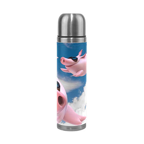 WowPrint Tier Fliegen Schwein-Muster, Reisebecher Echtleder isolierte Travel Mug Edelstahl-Wasserflasche Auslaufsicher Doppelwandig Thermoskanne Vakuumflasche 500 ml von WowPrint