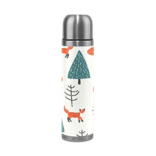 WowPrint Wald Tier Fuchs Muster Reisebecher Echtleder isolierte Travel Mug Edelstahl-Wasserflasche Auslaufsicher Doppelwandig Thermoskanne Vakuumflasche 500 ml von WowPrint