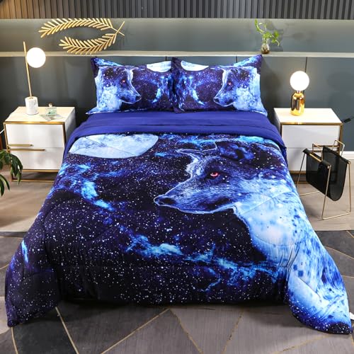 Wowelife Wolf Galaxy 5-teiliges Bettwäsche-Set mit Bettdecke, Bettlaken, Spannbetttuch und 2 Kissen (Galaxy Wolf) von Wowelife