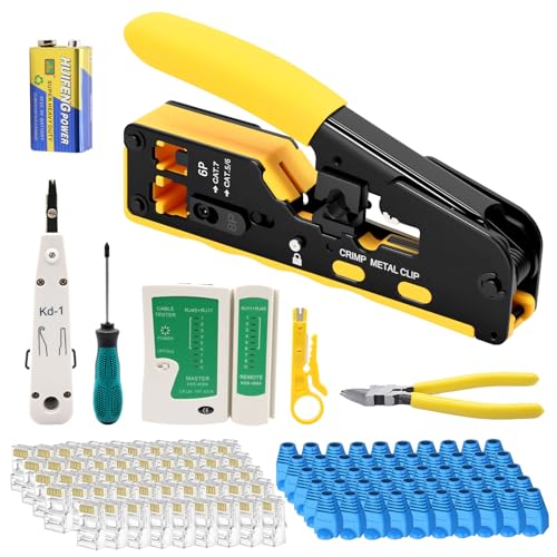 Netzwerk Werkzeug Set, Pass Through RJ45 Crimpzange für Cat5 Cat6 Cat7 mit 50 x LAN Kabel Stecker, Abisolierzange, Netzwerktester, Profi RJ45/RJ11/RJ12 Netzwerk Reparatur Kit Mit Batterie von Wowfast