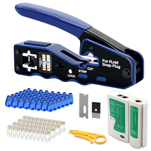 RJ45 Crimpzange Netzwerkkabelzange Stecker Netzwerk Werkzeug für RJ45 Cat6 Cat5 Cat5e mit 50 Stück Cat6 Pass-Through Steckverbindern und Schutzabdeckungen, 1 Stück Netzwerkkabel Tester von Wowfast