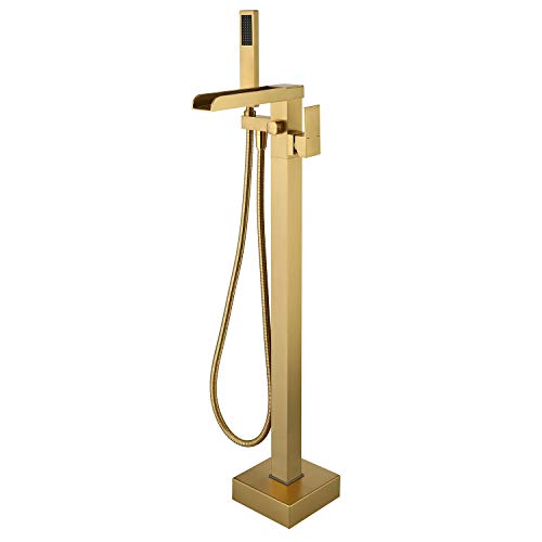 Wowkk Freistehende Badewannen-Armatur mit Wasserfall-Wasserfall-Wasserhahn mit Handbrause Brushed Gold von Wowkk