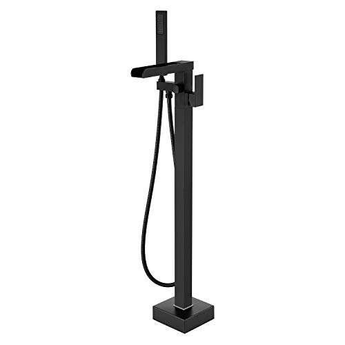 Wowkk Wasserfall-Wannenfüller, freistehend, Badewannenarmatur, schwarz, Bodenmontage, Messing, Einhebel-Badezimmerarmaturen mit Handbrause von Wowkk