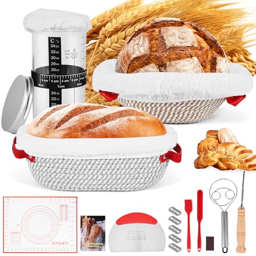 Sauerteig-Starter-Set, 17-teiliges Sauerteig-Brot-Backzubehör, Sauerteig-Brot-Starter-Set inklusive 2 Banneton-Gärkörben, Backmatte, Teigschaber, Sauerteig-Set, Geschenke für Bäcker, Frauen, Ehefrau von Wowlela