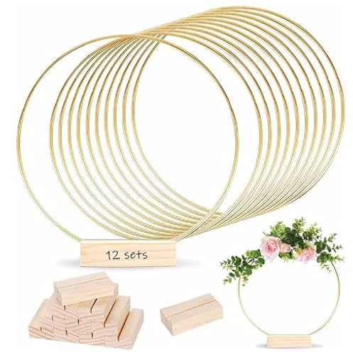 Wowlela 8 Stück Metallringe zum Basteln, 20cm Gold Metallring mit 8 Stück Holzständern, Traumfänger-Ringe, Goldene Runde Reifen für Traumfänger, Festivalkränze, Makramee, DIY-Handwerk von Wowlela