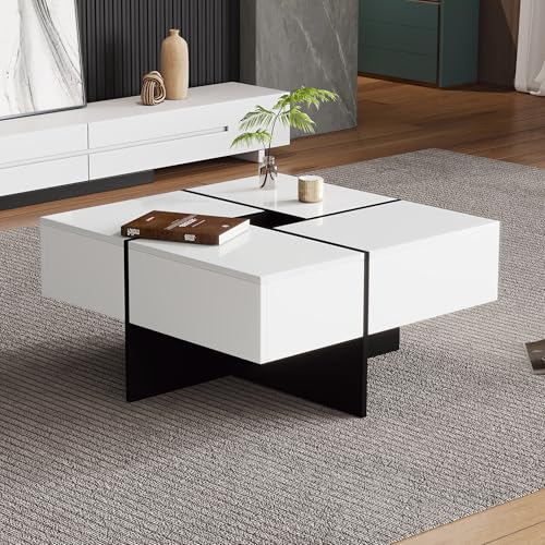 Wowlela Moderner Couchtisch mit Stauraum, 70x70x35 cm, Hochglanz Schwarz-Weiß, 4 Schubladen von Wowlela