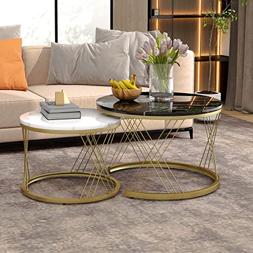 Wowlela Runde Nesting Couchtische, 2er-Set, Marmor-Furnier, Goldener Metallrahmen, Beistelltische Wowlela Runde Nesting Couchtische, 2er-Set, Marmor-Furnier, Goldener Metallrahmen, Beistelltische von Wowlela