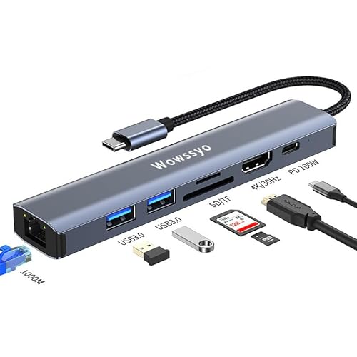 Hub USB C Ethernet 1000M, Wowssyo 7 in 1 USB C Docking Station, USB C HDTV 4K Adapter, PD 100 W, 2 USB 3.0,SD/TF, MacBook Air/Pro Adapter, iPad Adapter, HP, Switch,Laptop und andere Typ C Geräte von Wowssyo