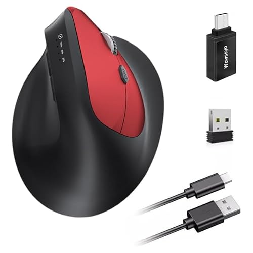 Funkmaus Ergonomisch 3 Modi [Bluetooth 5.2, 2.4 G, Kabelgebundene] Wireless Vertikale, Wiederaufladbare Maus Kabellos 1200/1600/2400/3200/6400/9600 DPI, Wiederaufladbarer Akku, 6 Tasten,PC/Mac-Rot von Wowssyo